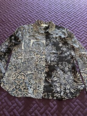 Mixed-Print Button-Up Shirt in Blue and Ivory